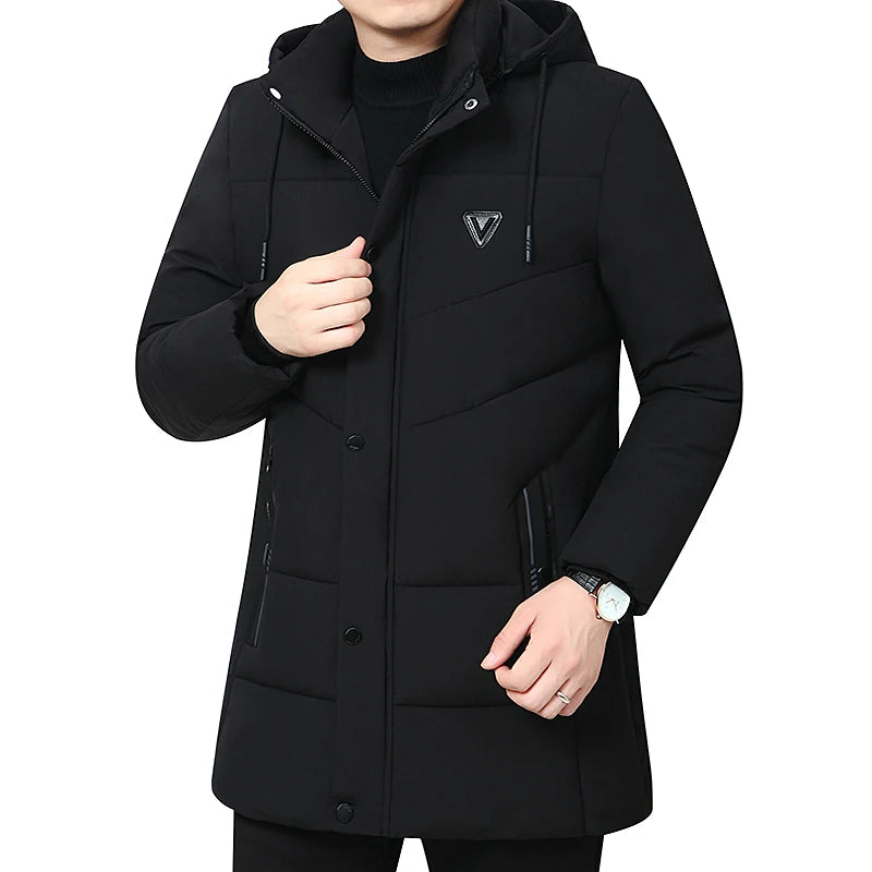 Hooded Winter Down Cotton Coat for Men Parkas Thickened Solid Color Padded Cardigan Midi Length Zip Up Men's Warm Jacket