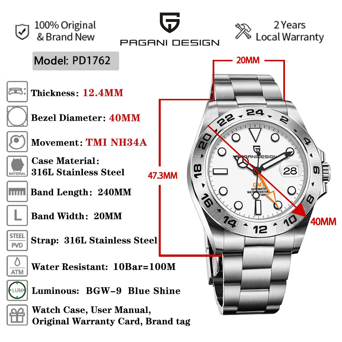 (Local delivery)PAGANI DESIGN 2025 New NH34 Men's GMT Automatic Mechanical Watches Stainless Steel 10Bar Sport BWG-9 Clock