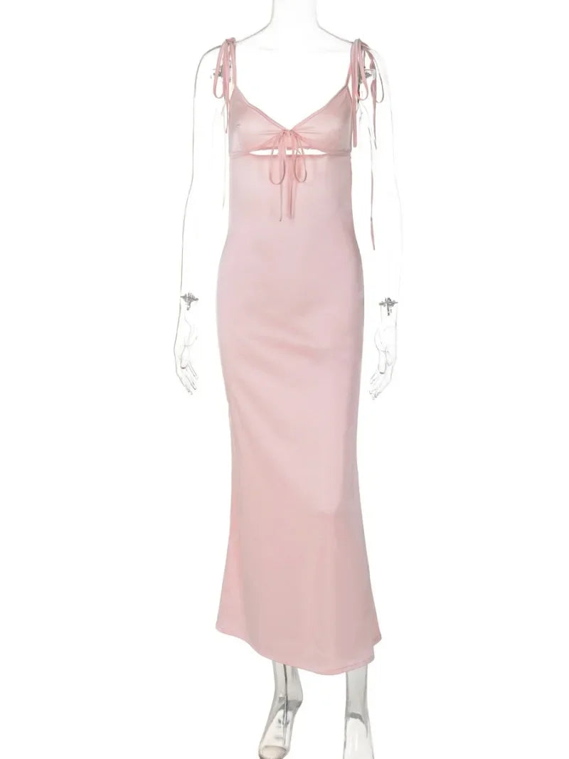 Woman Clothes V-neck Lace-up Backless Pink Holiday Dress Elegant Bandage Hollow Out Solid Long Party Evening Dresses Streetwear