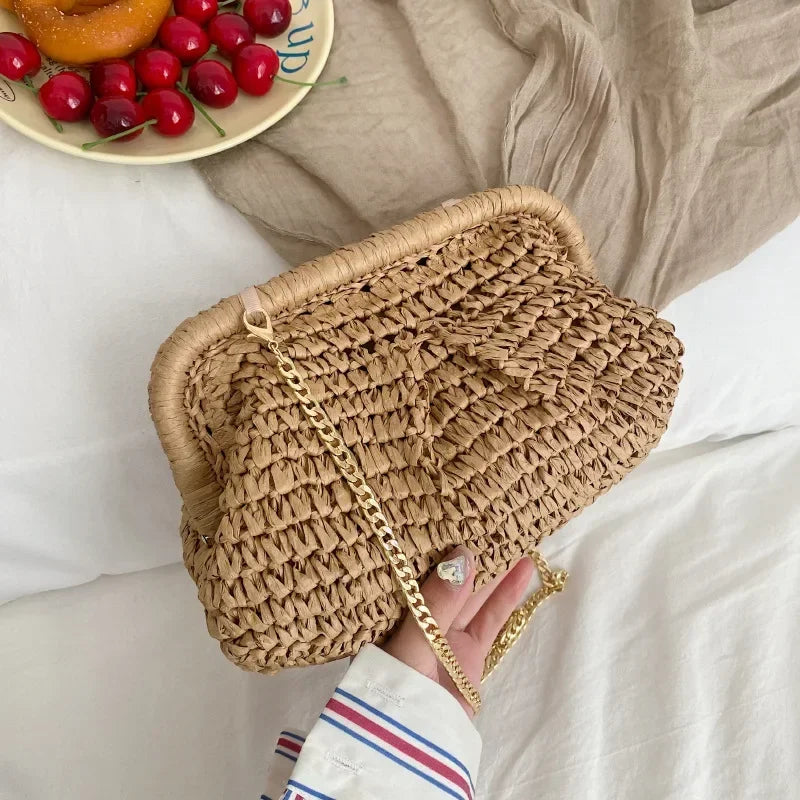 Summer Designer Shoulder Crossbody Bag Straw Weaving Clutch Purse Women Dumpling Crossbody Beach Bag Fashon Cloud Pouch