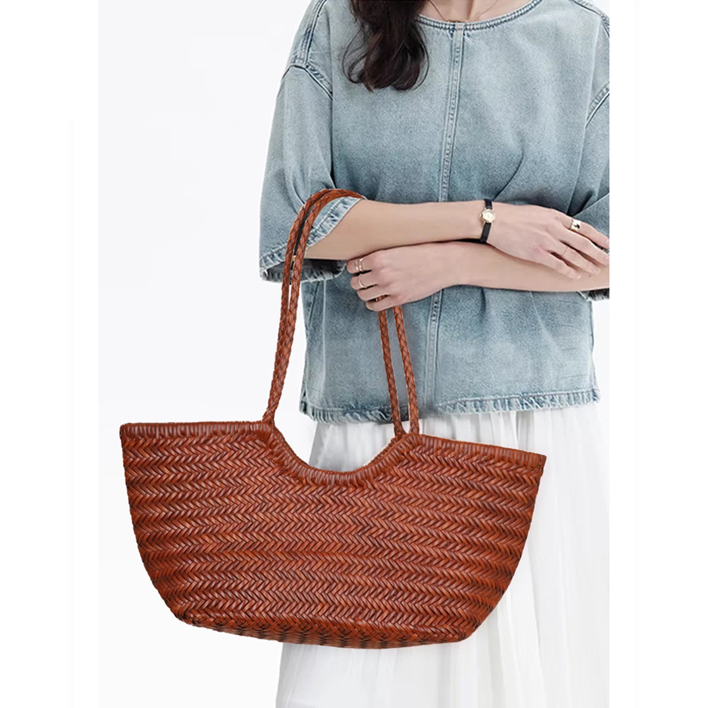 Genuine Leather Hand-woven Vintage Tote Bag New Classic Design Cowhide Shoulder Bag Women's Spring Summer French Bucket Bag 2025