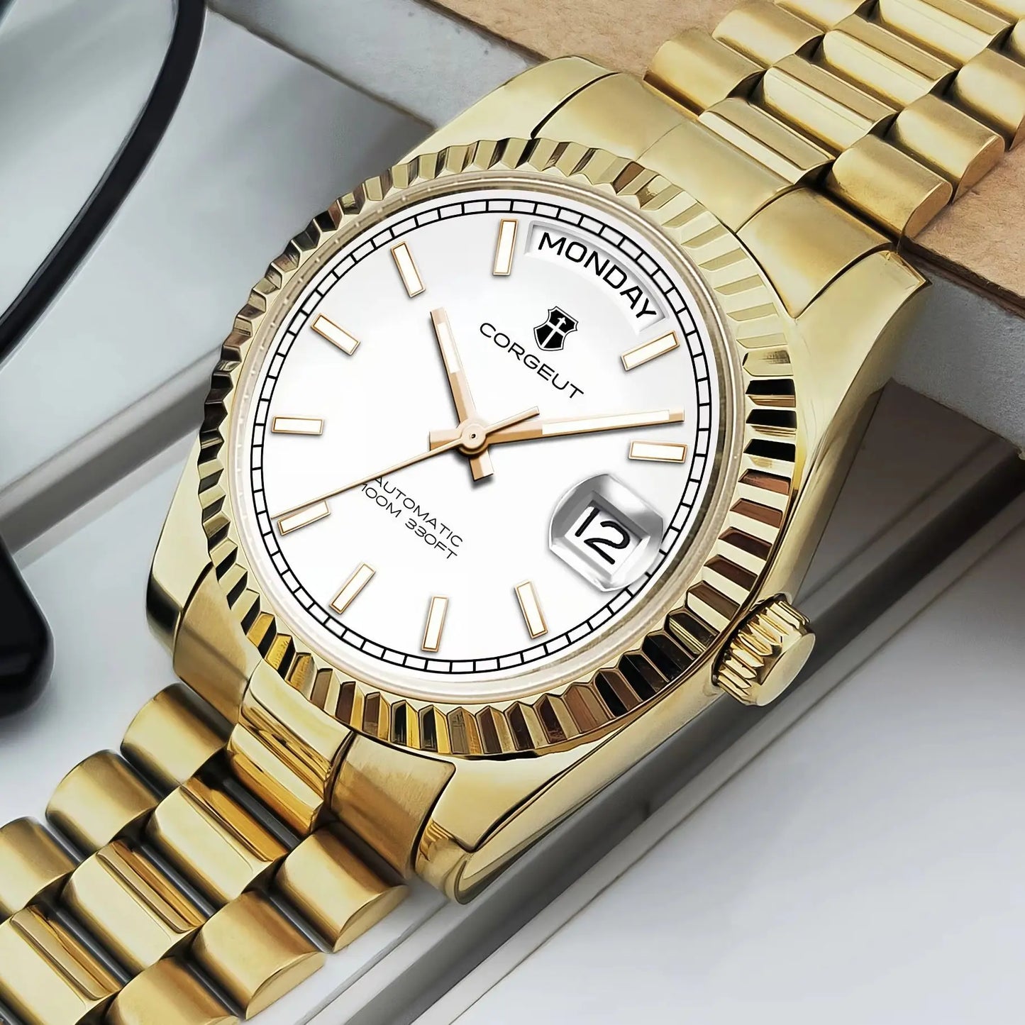 CORGEUT NH36 Mechanical Men's Watch Date of the Week Show President Chain Strap Steel Case Watch Threaded Arc Bezel waterp