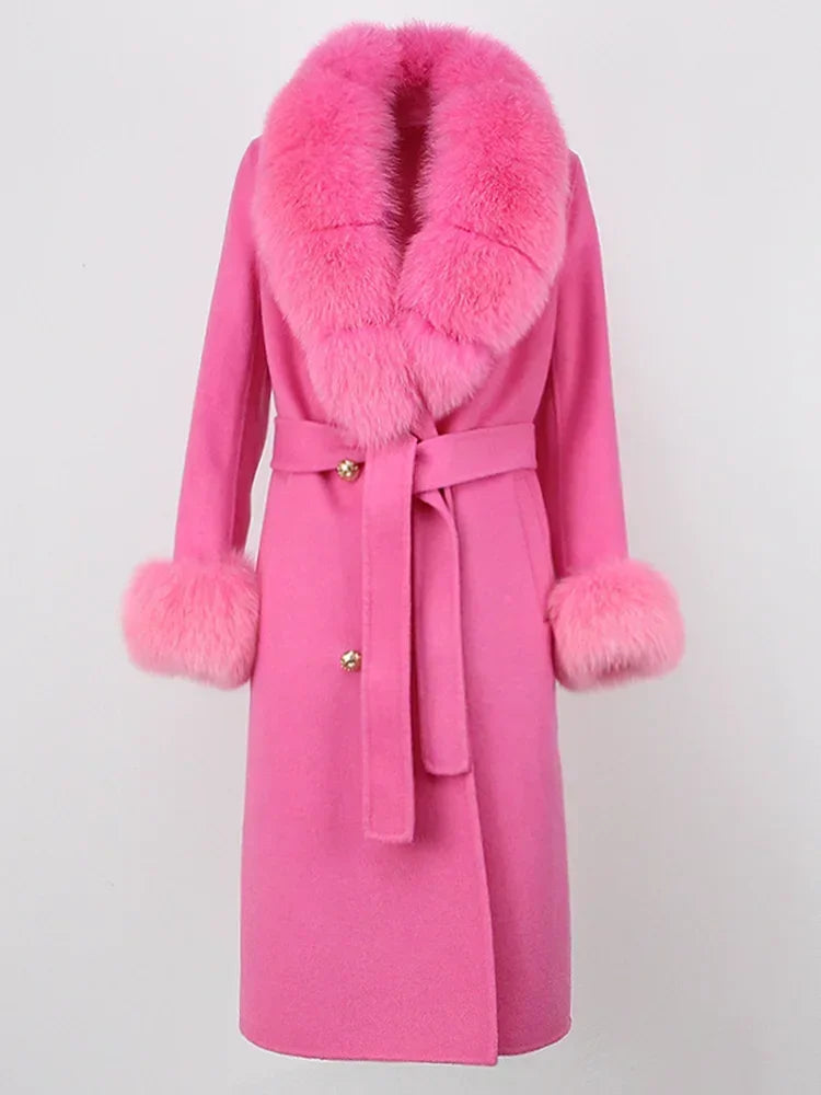 2024 Winter Jacket Women Long Natural Wool Blends Cashmere Real Fur Coat Double Breasted Belt Warm Wool Streetwear New Fashion