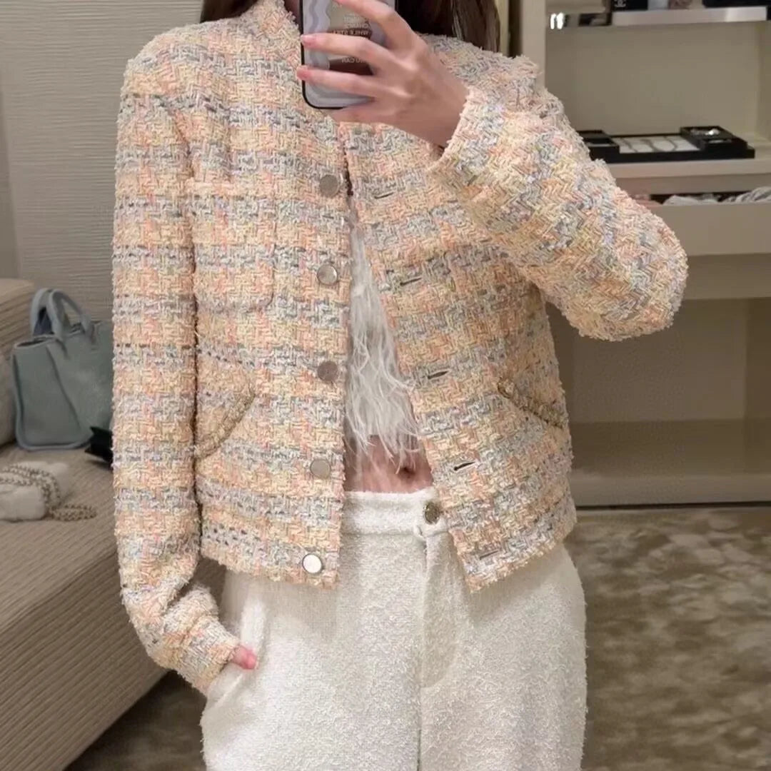 Top Quality 100% Silk Liner Plaid Woven Tweed Coat Women Stand Collar Long Sleeve Single Breasted Pockets Sweet Vintage Jacket