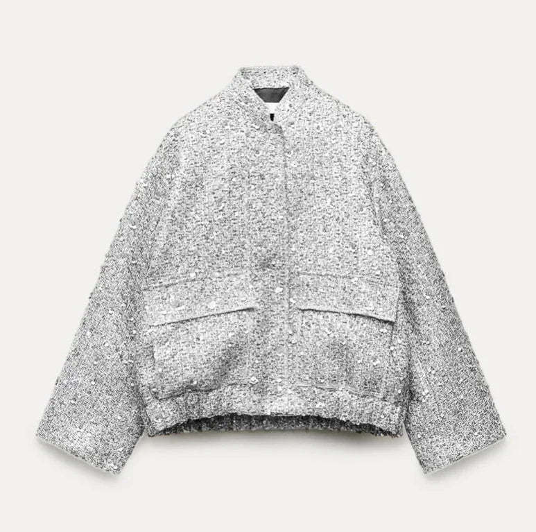 Jinia trendy sequins gold jacket for women 2024 loose stand collar long sleeve club jacket 2024 autumn office ladies outwear
