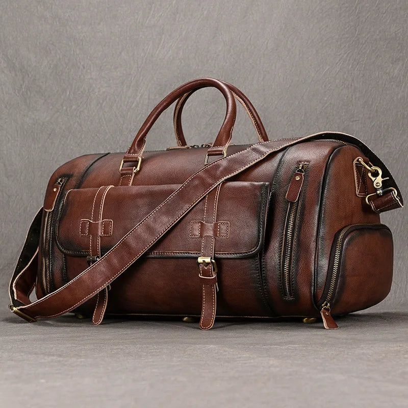 Genuine Leather Men's Travel Bag with Shoe Pocket Retro Crazy Horse Leather Big Capacity Luggag Bag Business Trip Handbag