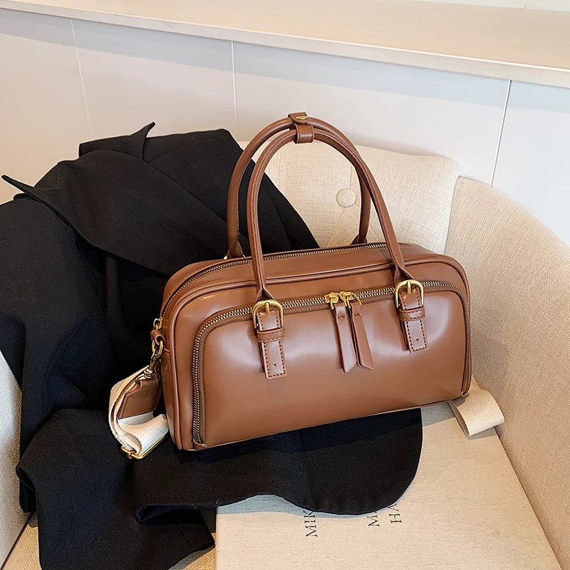 Vintage Handbags for Women Solid Pu Leather Tote Bags Large Capacity Female Commute Wide Strap Crossbody Packs 2024 New