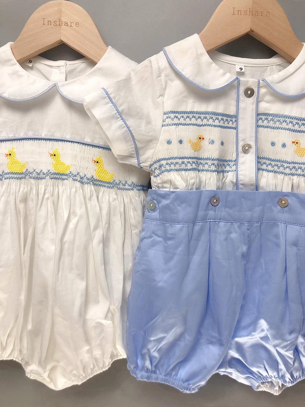 Children Boutique Clothing Summer BABI Boy Girl Handmade Smocked Cute Duck Embroidered Bubble Cotton Short Sleeves Christening