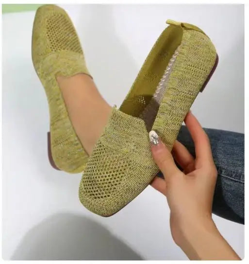 Flat Mesh Knitted Striped Flats Shoes for Women Autumn New Light Slip on Flat Casual Shoes Ladies Square Toe Breathable Sneakers