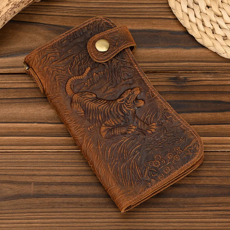 Newsbirds luxury brand designer men leather wallet 3D Tiger Dragon embossing cowhide men's wallet with iron chain high fashion