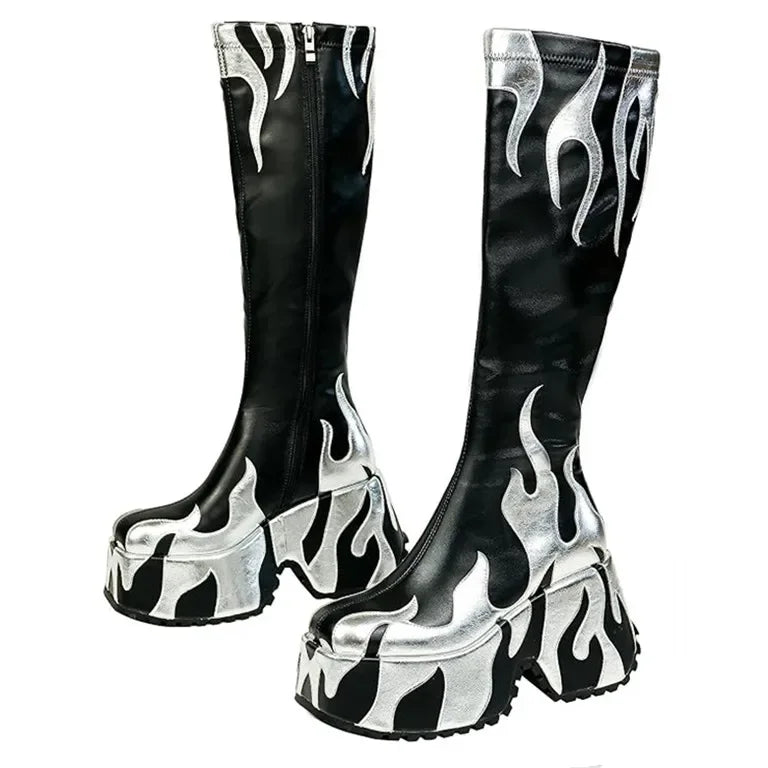 2024 Women's High Quality Thick High Heels, Thick Sole Side Zipper Boots, European and American Fashion Flame Show Shoes