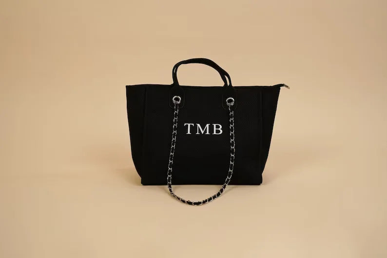 Custom Monogram Canvas Tote Bag Initial Bag Handbag Beach Bag Birthday Gift Bag with Chain Tote Bag Summer Holiday Bag