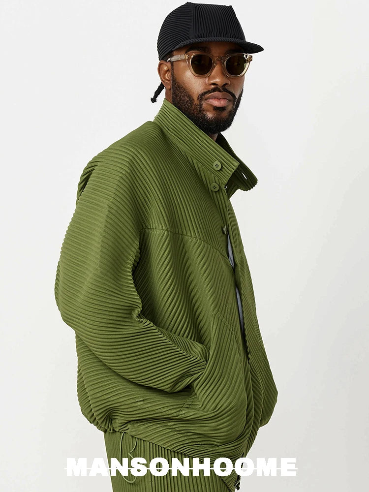 Miyake Pleated Standing Neck Splice Designer Jacket Men's Loose Relaxed Long Sleeve Shirt Coat JC110