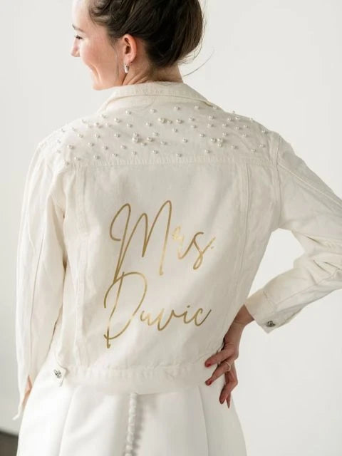 Personalized Mrs. Jacket Pearl Personalized Bride White Denim Jacket Mrs. Jackets Bachelorette Party Wedding Shower Custom Coats