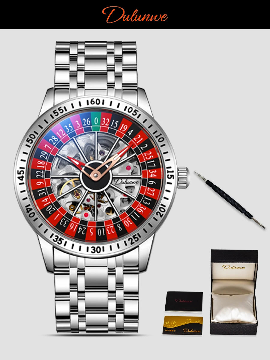 DULUNWE Men's Automatic Watch Luxury Rotating Roulette Mechanical Skeleton 30M Waterproof