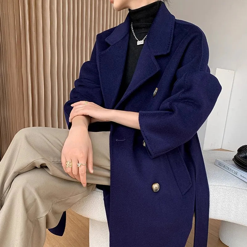High Quality Double Sided 100%Wool Coat Women Long Double Breasted Elegant Loose Cashmere Winter Jacket