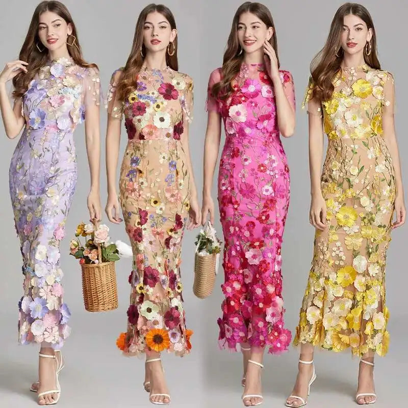 Summer Embroidery Lace Prom Dress Women French Luxury 3D Flower Fishtail Short Sleeve Long Dresses Party Bodycon Holiday Vestido