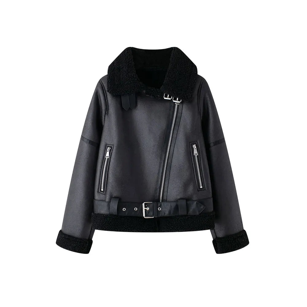 TRZA-Women's Thick Warm Suede Jacket with Belt, Long Sleeve Coats, Faux Shearing, Female Outerwear, Chic Tops, Winter Fashion