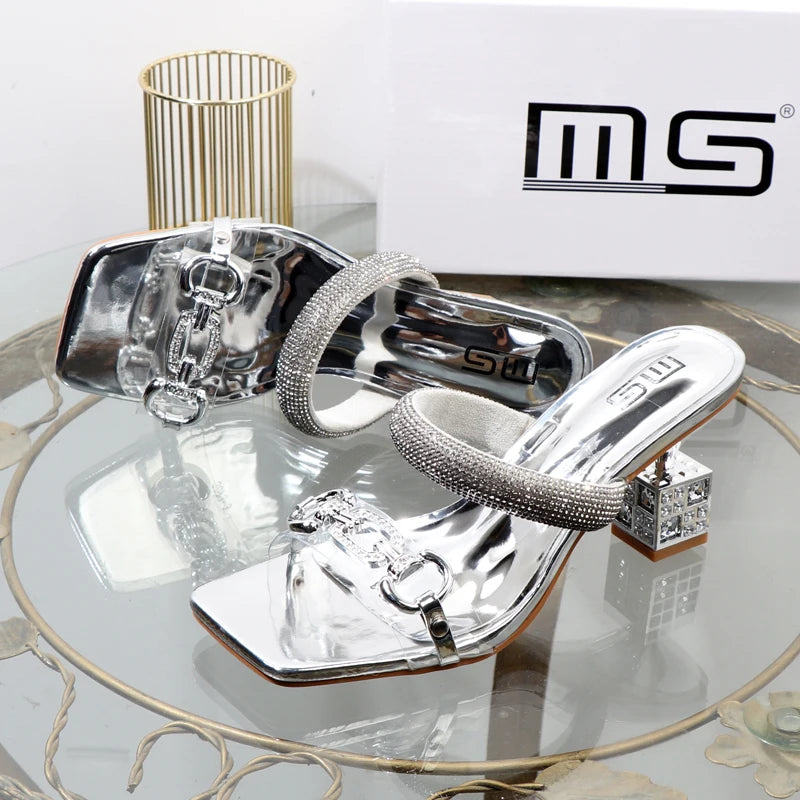 Women's slippers 2025 summer fashion Transparent belt metal decoration box shaped square Alien heel high heels wearing sandals