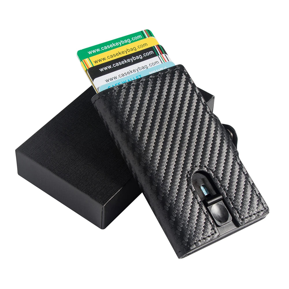 Casekey Real Carbon Fiber Leather Wallet Slim Rfid Blocking Pop Up Card Holder With Zipper Pocket Small Money Bag Male Purses