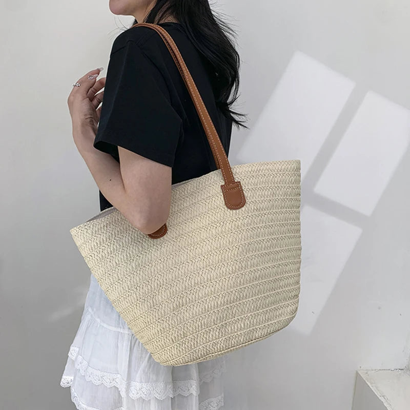Women Braided Basket Clutches Top-handle Bag Large Straw Portable Shoulder Bag Summer Beach Party Purses Shopper Satchel Female