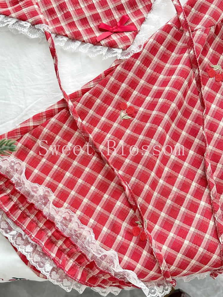 French Elegant Sweet Red Plaid Dress Women New Design Lace Patchwork Kawaii Dresses Harajuku Fashion Y2k Slim Summer Clothing
