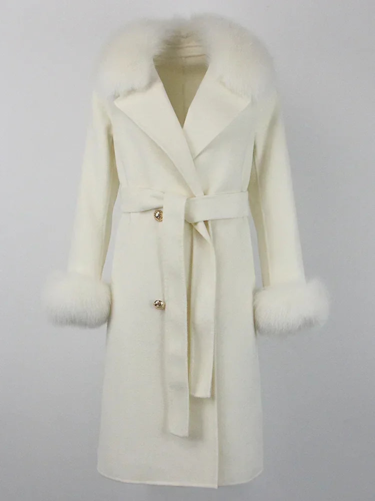 2024 Winter Jacket Women Long Natural Wool Blends Cashmere Real Fur Coat Double Breasted Belt Warm Wool Streetwear New Fashion