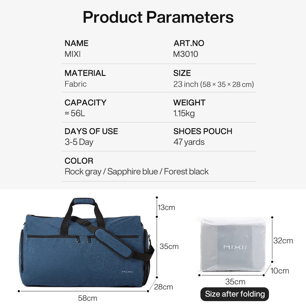 Mixi Carry On Garment Bag for Travel 56L Convertible Duffle Bag for Men Women 2 in 1 Hanging Luggage Suitcase Dress Suit Travel