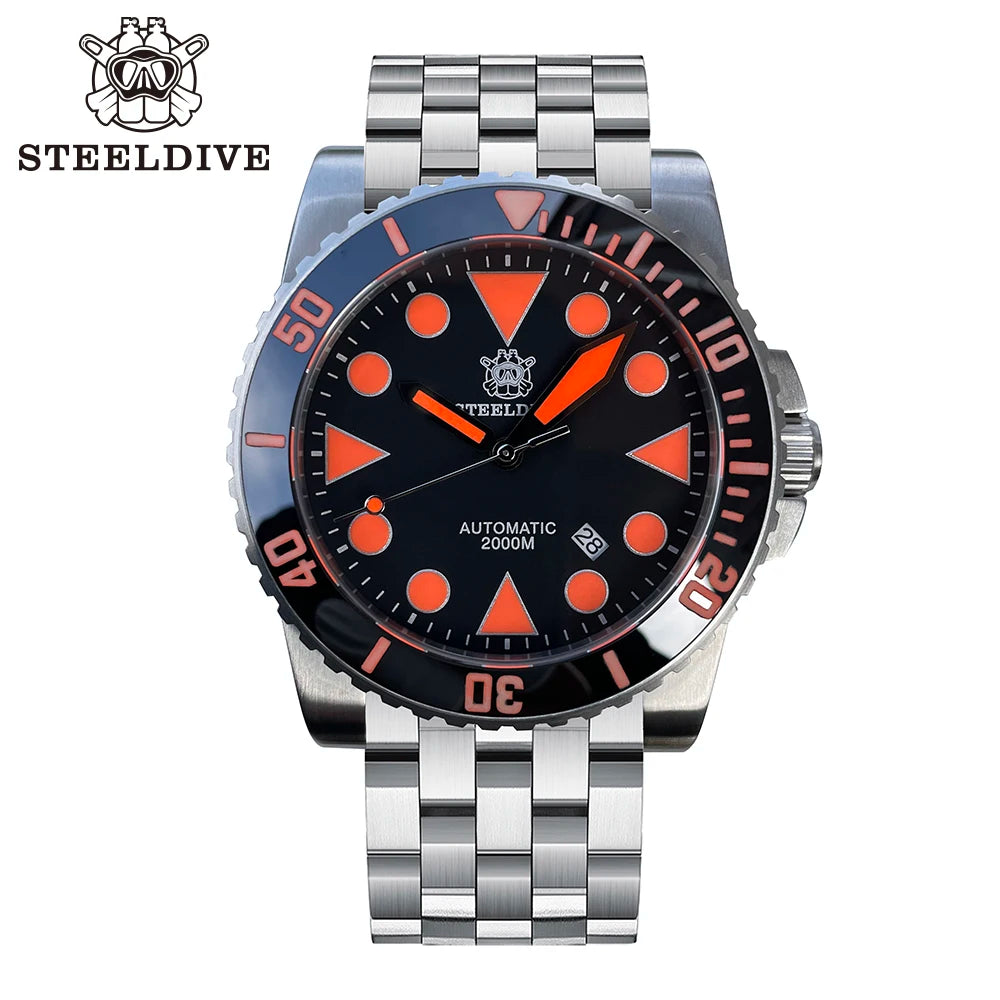 STEELDIVE SD1987 2000m 46.5mm Waterproof Diver's Watch with Sapphire Case Super Orange Glow Mechanical Movement Watches for Men