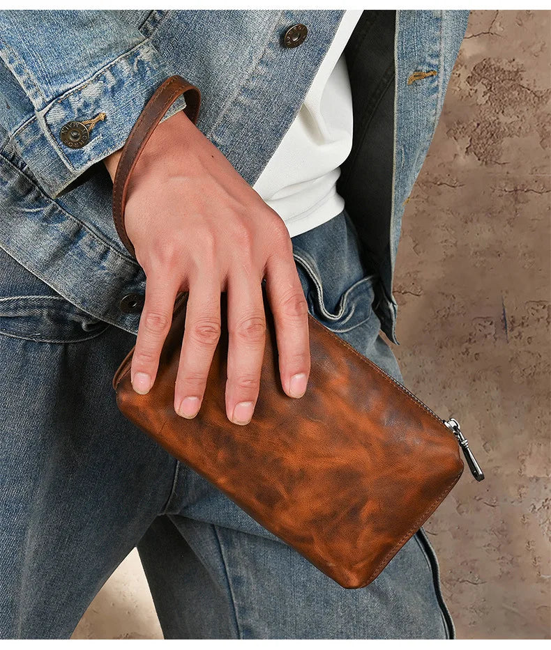 Vintage Men's Clutch Bags Genuine Leather Handbag Male Long Money Wallets Phone Pouch Man Clutch Soft Leather Coin Purse