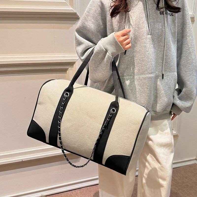 2025 New Commuter Travel Women's Bag Large Capacity Canvas Handbags Simple Fashion Shoulder Bag Luxury Chain Tote Bag