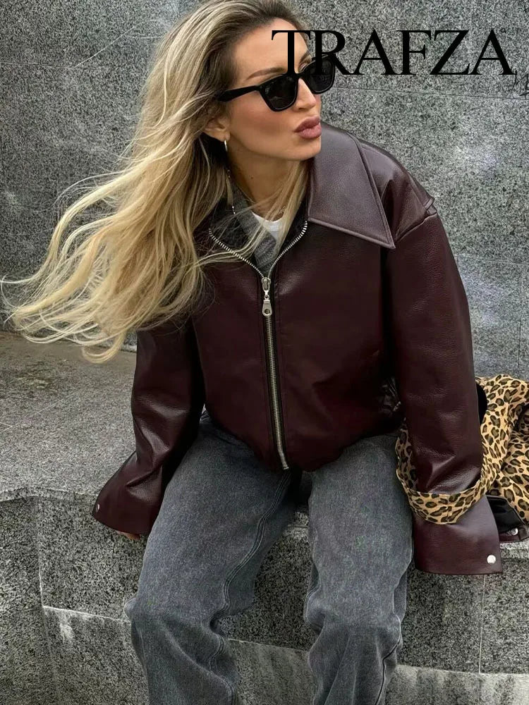 TRAFZA Female Streetwear Style Short Coats Solid Turn-Down Collar Long Sleeves Pockets Zipper Women's Spring Fashion Chic Jacket