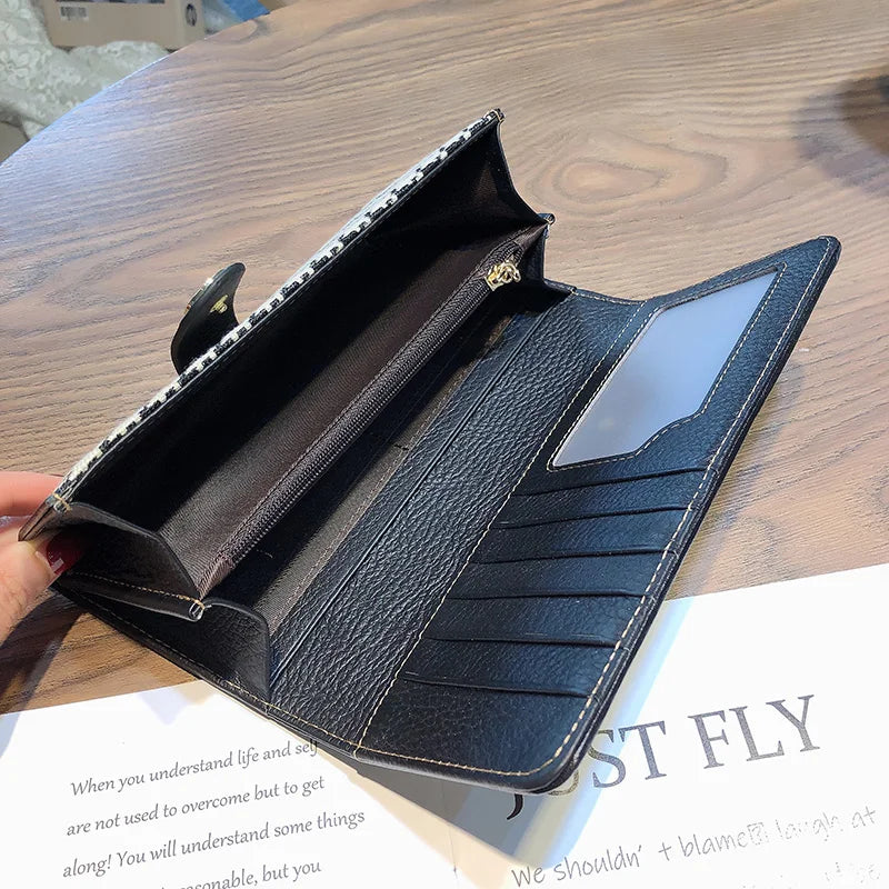 2024 New Genuine Leather Women Wallets Houndstooth Embroidery Long Wallet Excellent Cowhide Billfold For Cell Phone Clutch Bags
