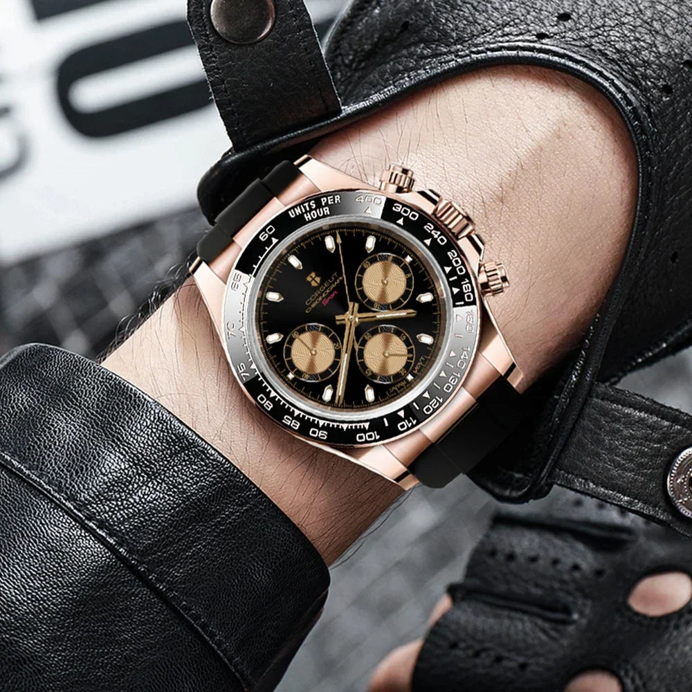 CORGEUT VK63 High Luxury Quartz Movement Silica Gel Sports Men's Watches Sapphire Flat Mirror Watch for Man Run Seconds