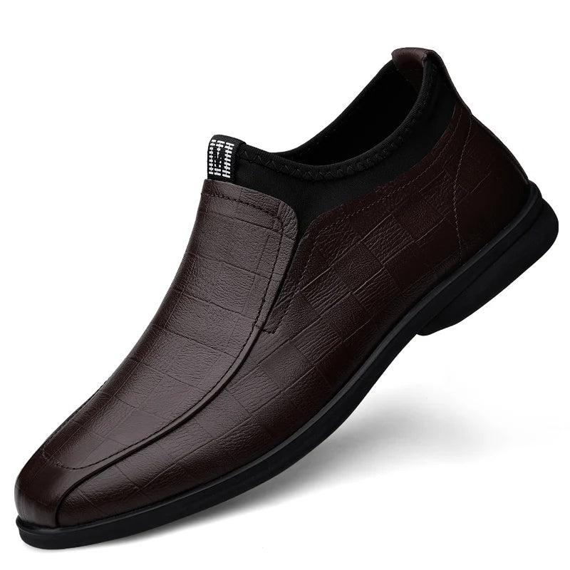 Genuine Leather Business Shoes Flat Slip-on Leather Mens Casual Shoes Senior Brand Male Footwear Mid Top Loafers Black and Brown
