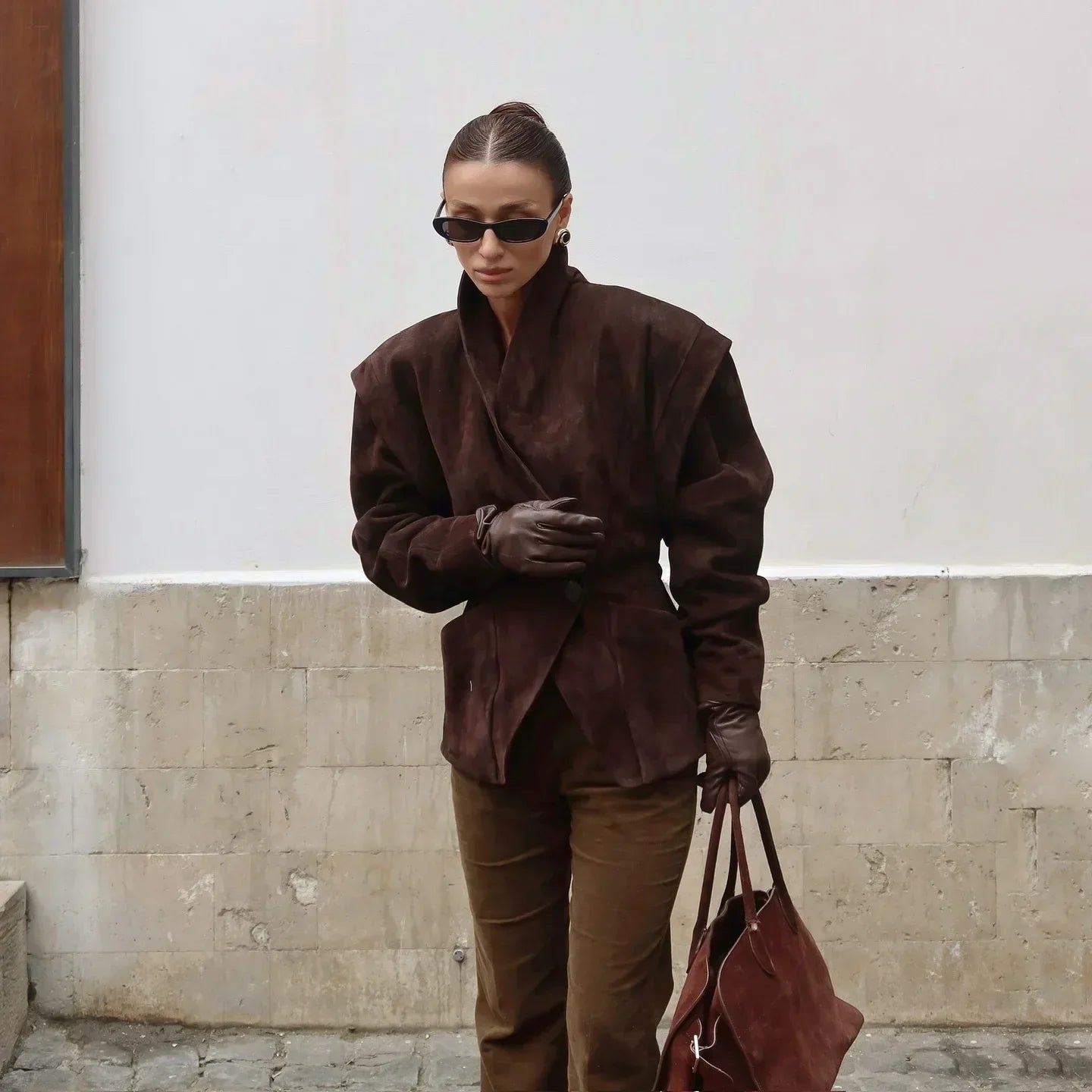 Retro Solid Leather Lapel Jackets Women's Fashion Shoulder Pad Full Sleeve One Button Pocket Coat Autumn New High Street Outwear