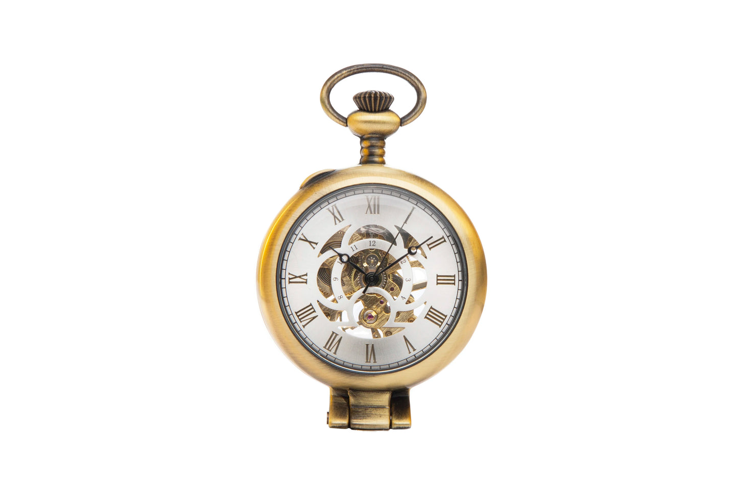 A bronze mechanical pocket watch with a glass that functions as a magnifying glass with a bold chain makes this pocket watch per