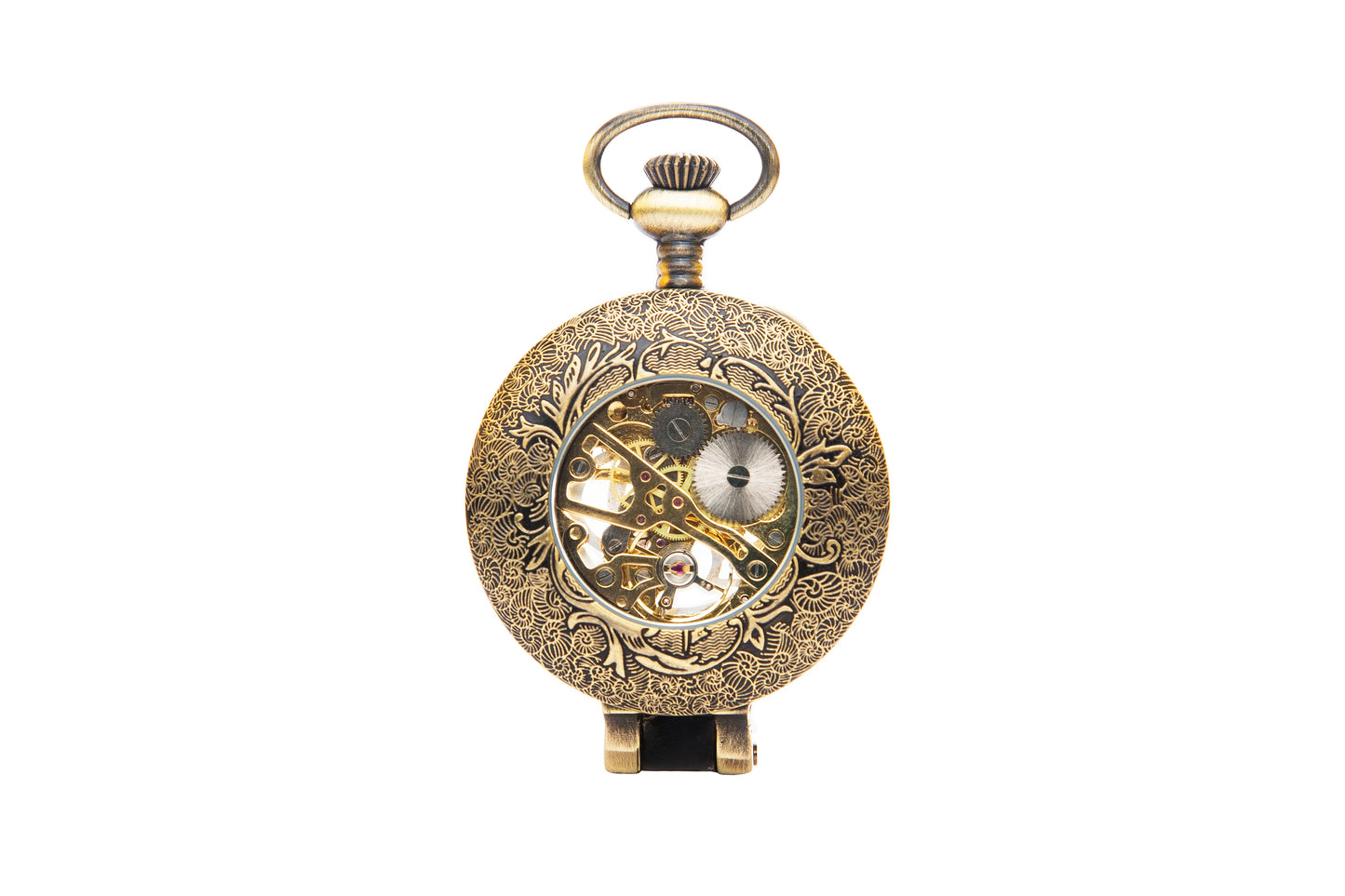 A bronze mechanical pocket watch with a glass that functions as a magnifying glass with a bold chain makes this pocket watch per
