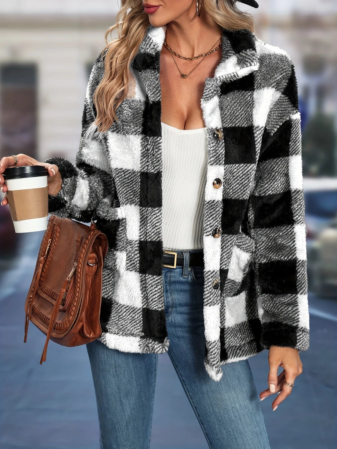 Cross border European and American autumn/winter square plaid lapel women's coat