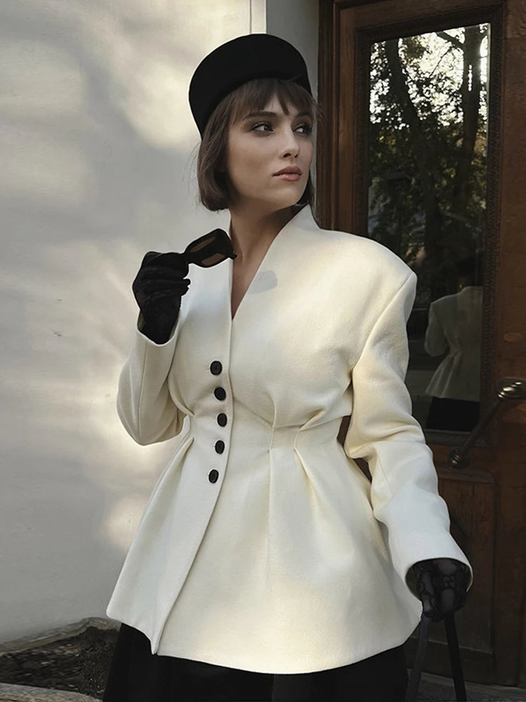Elegant Solid Blazer Coat for Women Fashion Single Breasted V Neck Slim Jackets 2025 Spring Lady All-match Casual Tops Outwear