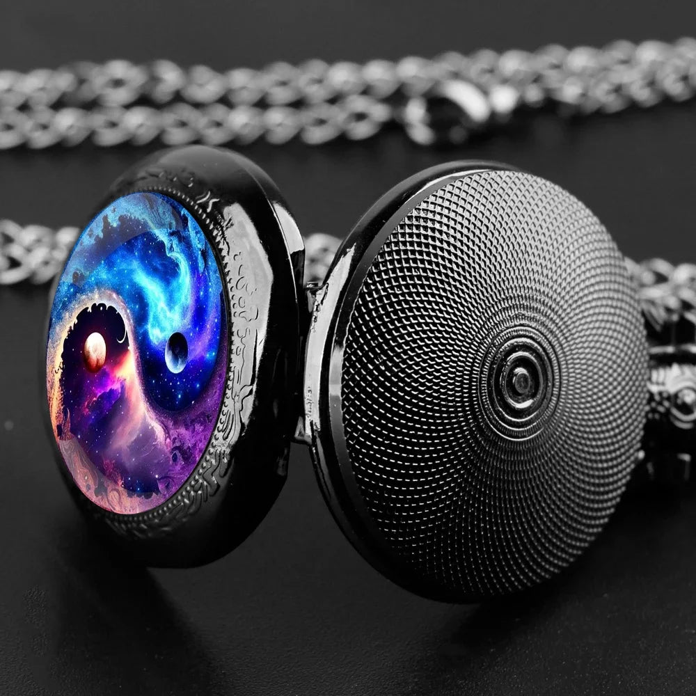 Creative Yin-Yang Planet Dome Quartz Pocket Watch Arabic Numeral Dial Vintage Men Women Necklace Pendant Creative Clock Gifts