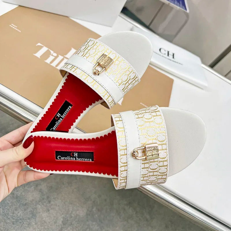 CH Women's Solid Colour Printing Simple Fashion Slippers High-End Style Elegant Wearable Office Working Woman