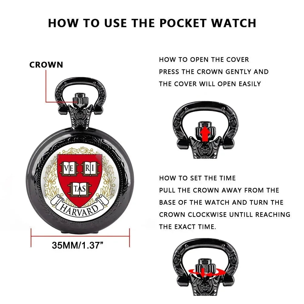 Harvard University Logo Glass Dome Quartz Pocket Watch with Chain for Men and Women Exquisite Jewelry Accessories birthday Gifts