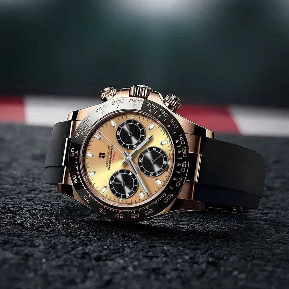 CORGEUT VK63 High Luxury Quartz Movement Silica Gel Sports Men's Watches Sapphire Flat Mirror Watch for Man Run Seconds