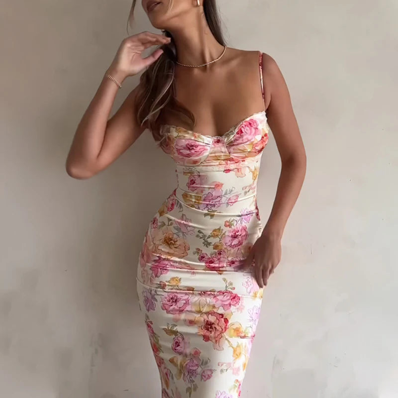Summer Flower Print Sleeveless Straps Dress Women Sexy V Neck Lace Slim Bodycon Long Dress Spring Hollow Out Night Party Dresses