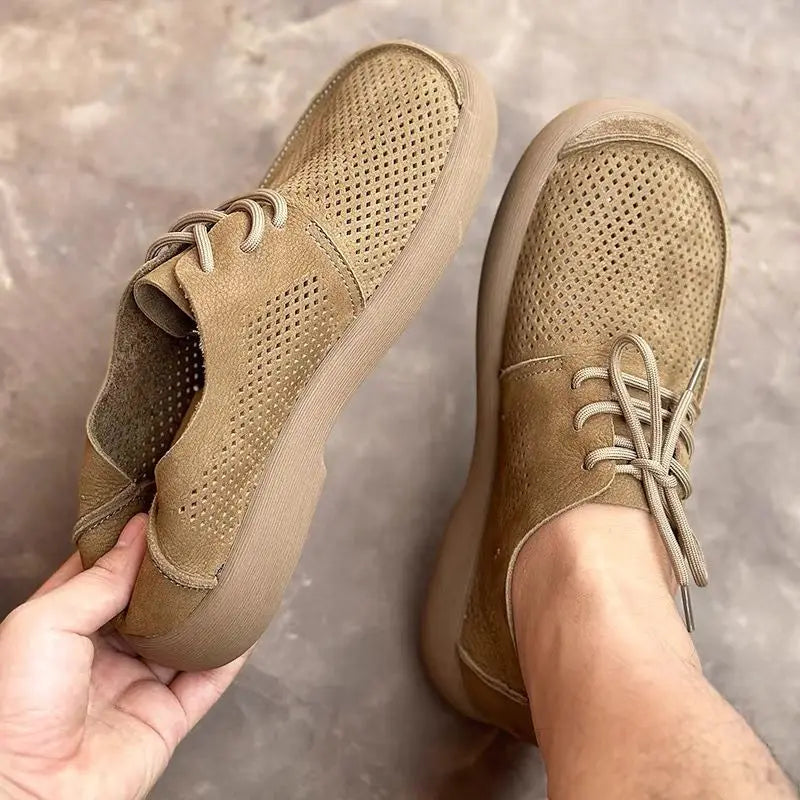 Wide toe hollow natural leather shoes men's 2025 summer new cowhide punched breathable soft leather soft sole singlecasual shoes