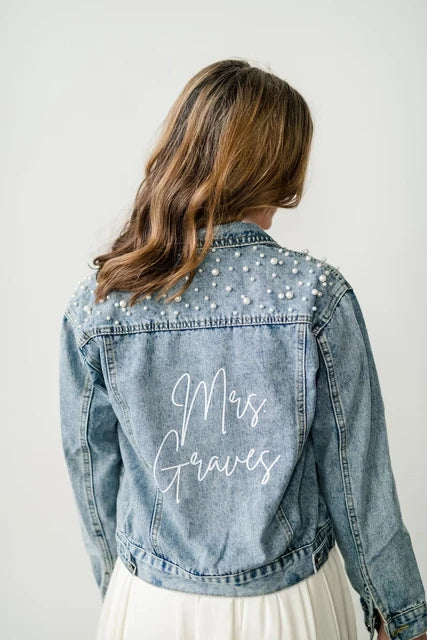 Personalized Mrs. Jacket Pearl Personalized Bride White Denim Jacket Mrs. Jackets Bachelorette Party Wedding Shower Custom Coats
