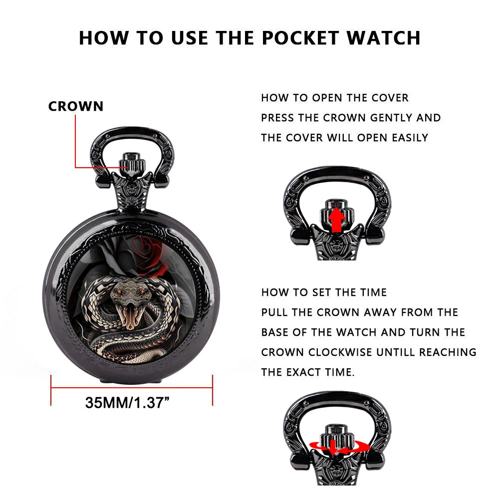 Furious Snake Inspired Design Black Quartz Pocket Watch with Durable Chain Arabic Numeral Time Display for Men and Women Gifts