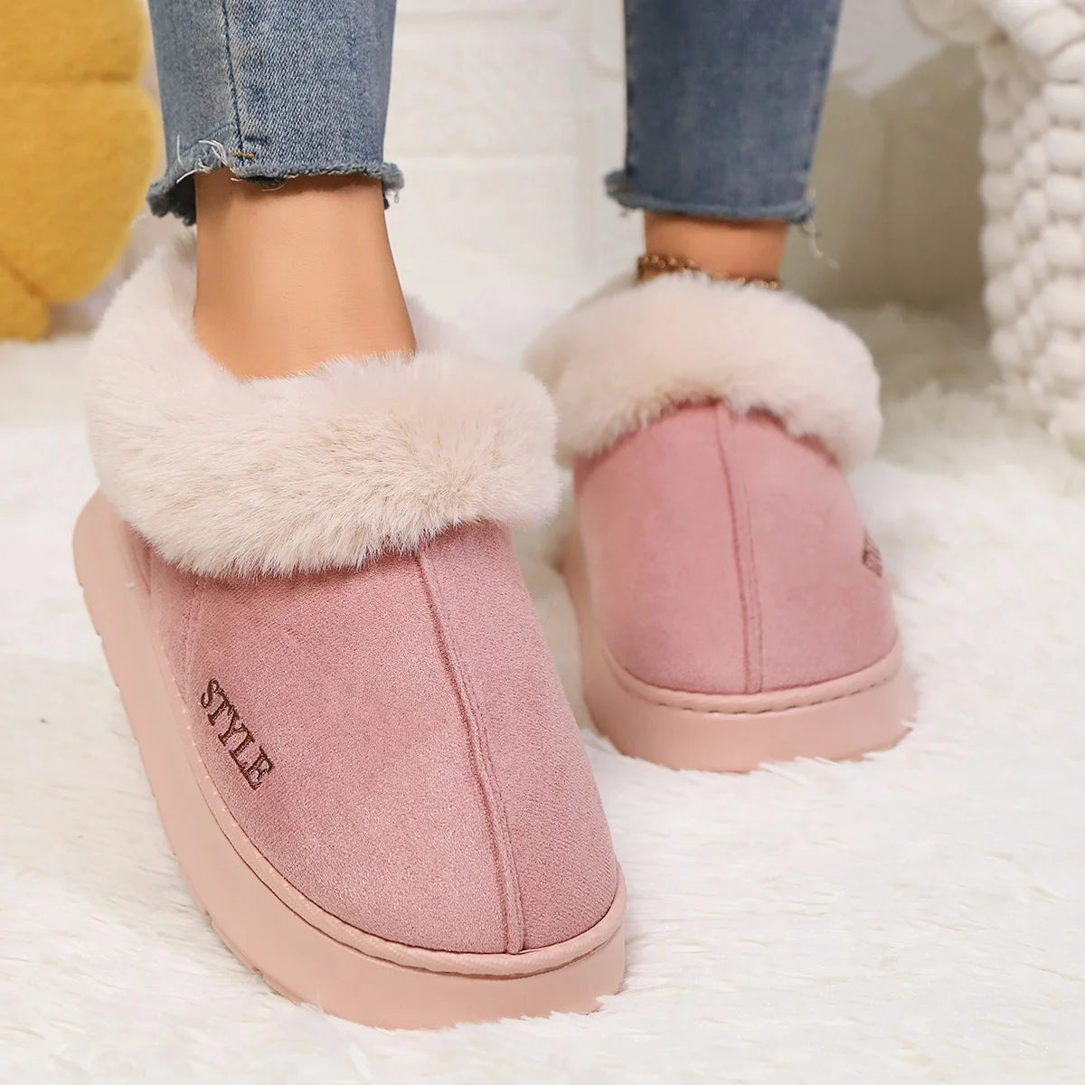 Women's Winter Fur Shoes Male Ankle Boots Platform Slippers Home Warm Fashion Outdoor Basis Thick Wool Wool Short Boots