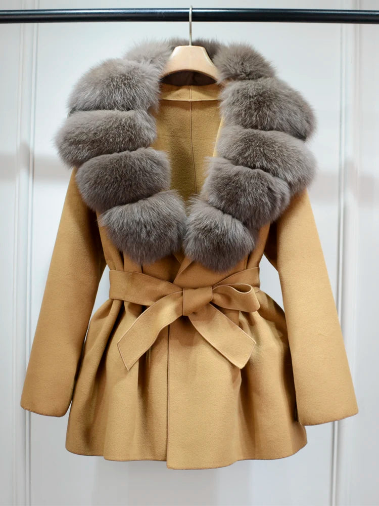 Janveny Wool Coat Women 2025 New Winter Autumn Cashmere Coats Luxury Real Fox Fur Collar Ladies Elegant Belt Design Outwear